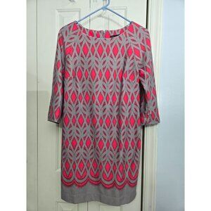 Pink & Gray Geometric Print 3/4 Sleeve Retro Shift Dress By Just Taylor - Size 4